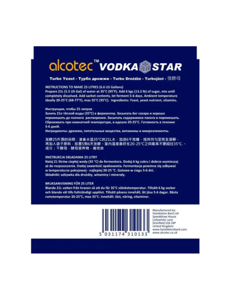 Турбо-дрожжи Alcotec Vodka Star на 25 л